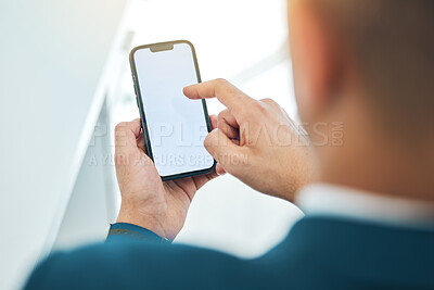 Buy stock photo Business man, hands and phone mockup or screen for stock market, online scroll and Web 3.0 ui or ux design space. Corporate person or trader FAQ, trading information and contact or search on mobile