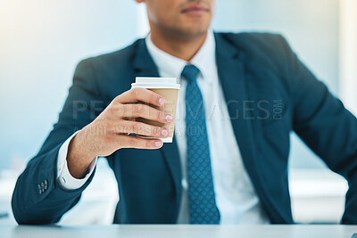 Buy stock photo Hand, coffee and a business man in his office for morning caffeine in a cup to start his work day. Corporate, drink and takeaway beverage with a professional employee at a desk in the workplace