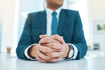 Buy stock photo Hands, business and a man waiting in the boardroom of a professional office in a corporate suit closeup. Management, power and authority with a confident employee or executive in the workplace