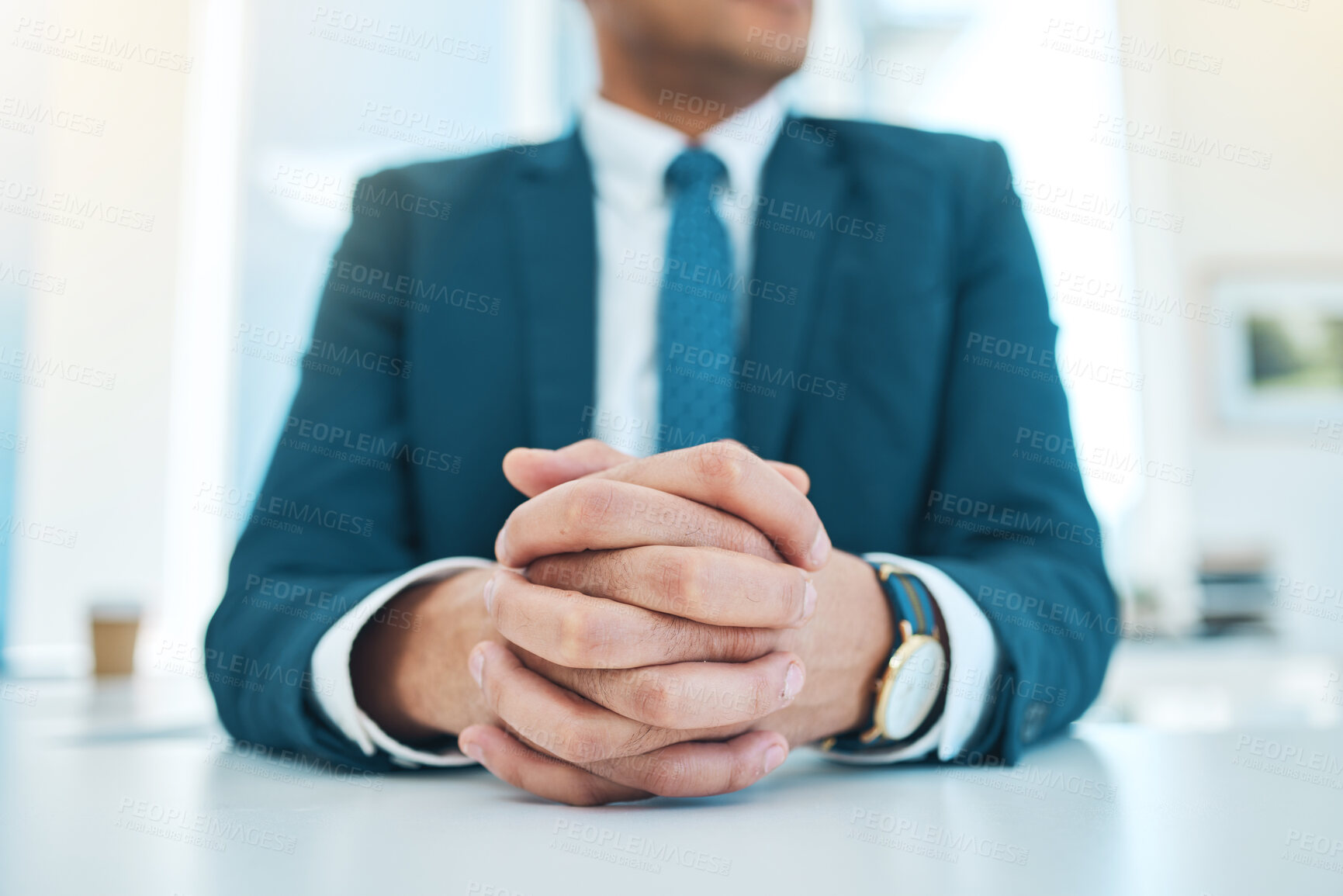 Buy stock photo Hands, business and a man waiting in the boardroom of a professional office in a corporate suit closeup. Management, power and authority with a confident employee or executive in the workplace