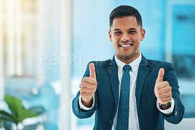 Buy stock photo Thumbs up, portrait and business man with success, winning and achievement in office. Happy corporate worker with thumb sign for ok review, like emoji and feedback to vote yes in agreement of support