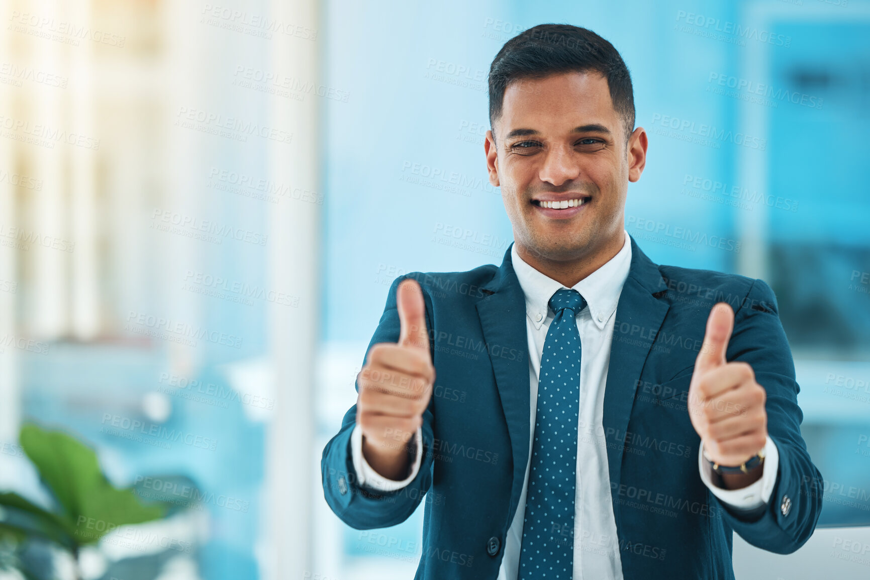 Buy stock photo Thumbs up, portrait and business man with success, winning and achievement in office. Happy corporate worker with thumb sign for ok review, like emoji and feedback to vote yes in agreement of support