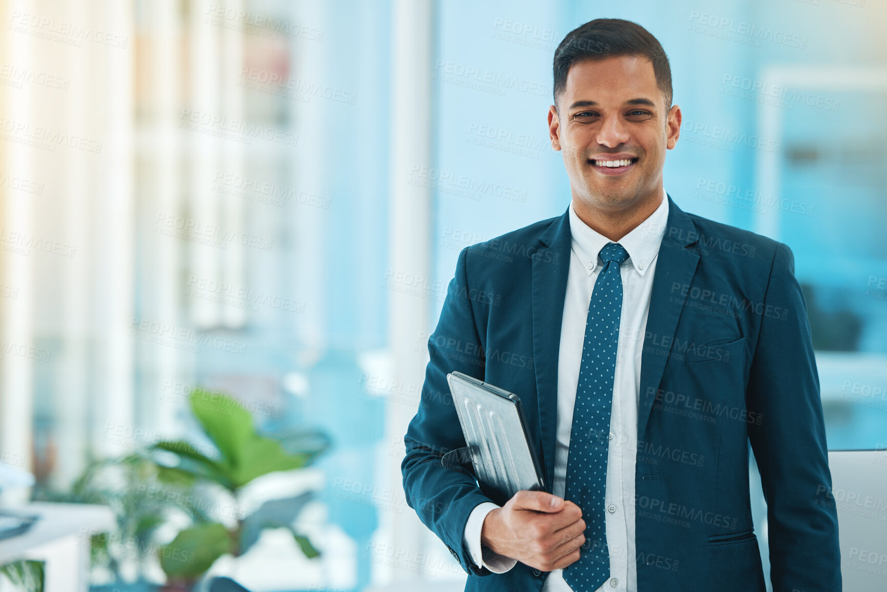 Buy stock photo Business man, tablet and portrait in office with web management and work pride. Employee, confidence and male professional from New York with a smile from company growth and happy from online job