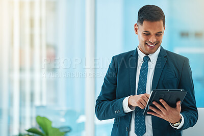 Buy stock photo Business man, tablet and typing in office mockup for stock market research, data analytics and management. Happy corporate worker, employee or trader scroll on digital technology or trading software