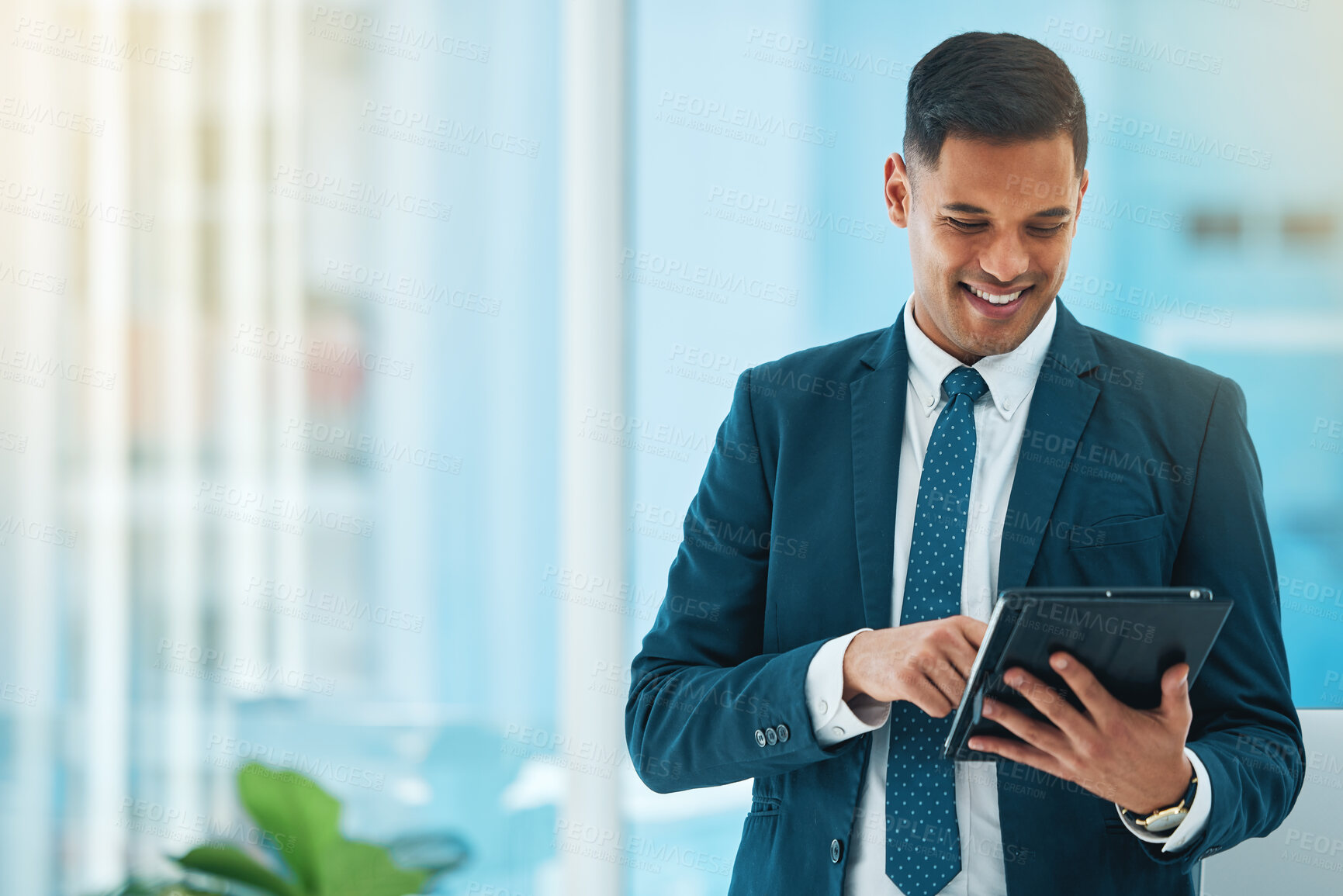 Buy stock photo Business man, tablet and typing in office mockup for stock market research, data analytics and management. Happy corporate worker, employee or trader scroll on digital technology or trading software