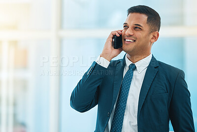 Buy stock photo Phone call, talking and business man in office for online chat, networking and discussion. Corporate worker, professional and happy person on smartphone for planning, schedule and communication