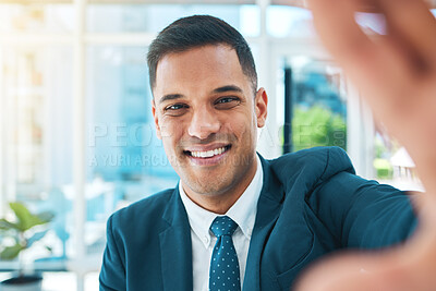 Buy stock photo Businessman, selfie in office and smile on face, confident lawyer with profile picture for social media. Photography, business and happy man at law firm, corporate attorney with pride in legal career