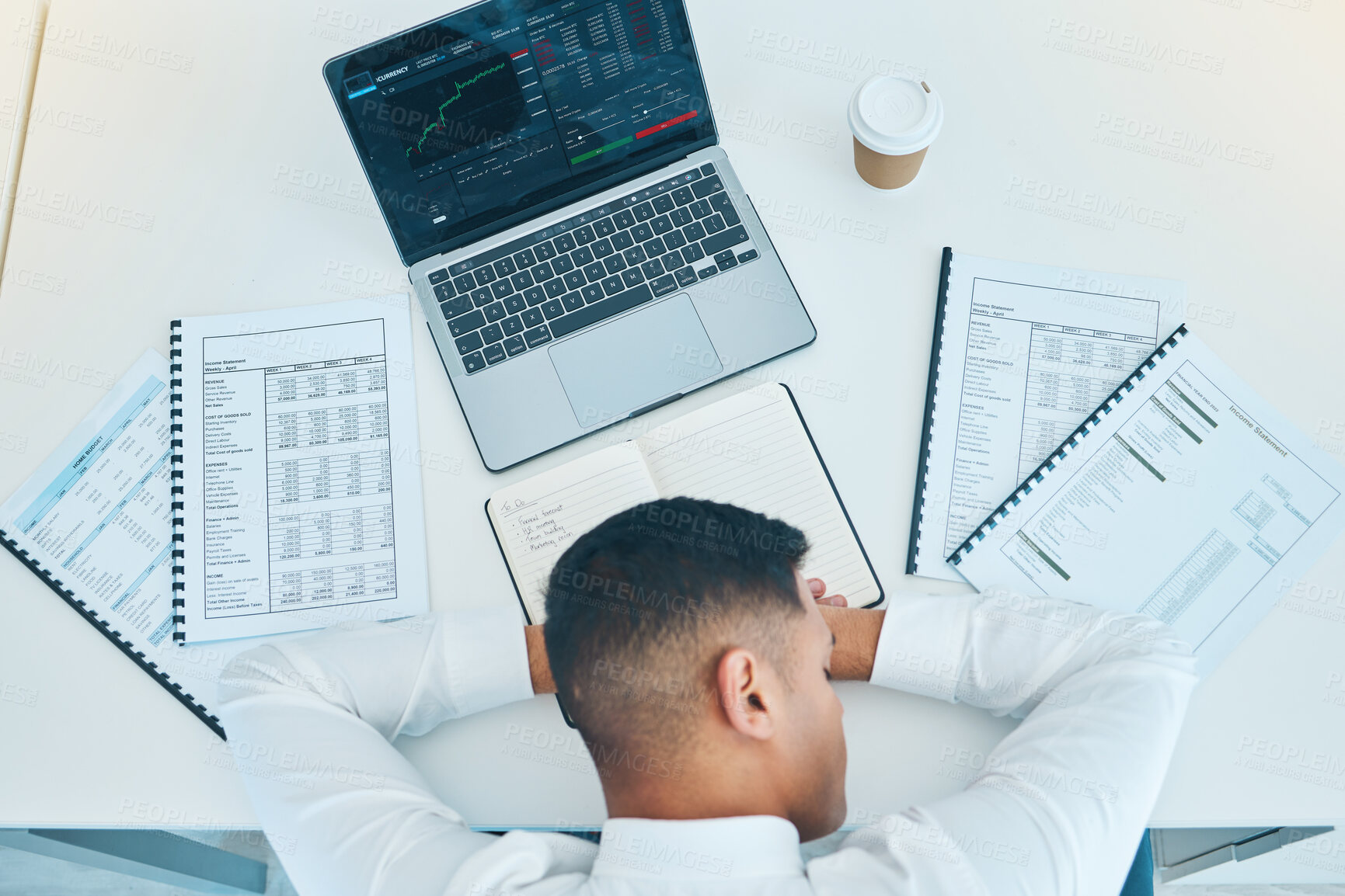 Buy stock photo Business man, sleep on desk with trader, laptop and stock market, paperwork with statistics information and fatigue. Insomnia, overworked and burnout, data analysis and top with finance and analytics