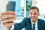 Happy man, selfie in office and smile on face, confident lawyer with profile picture for social media. Photography, legal career and businessman at law firm, corporate attorney with pride in business