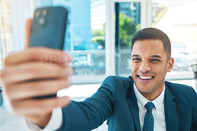 Buy stock photo Happy man, selfie in office and smile on face, confident lawyer with profile picture for social media. Photography, legal career and businessman at law firm, corporate attorney with pride in business