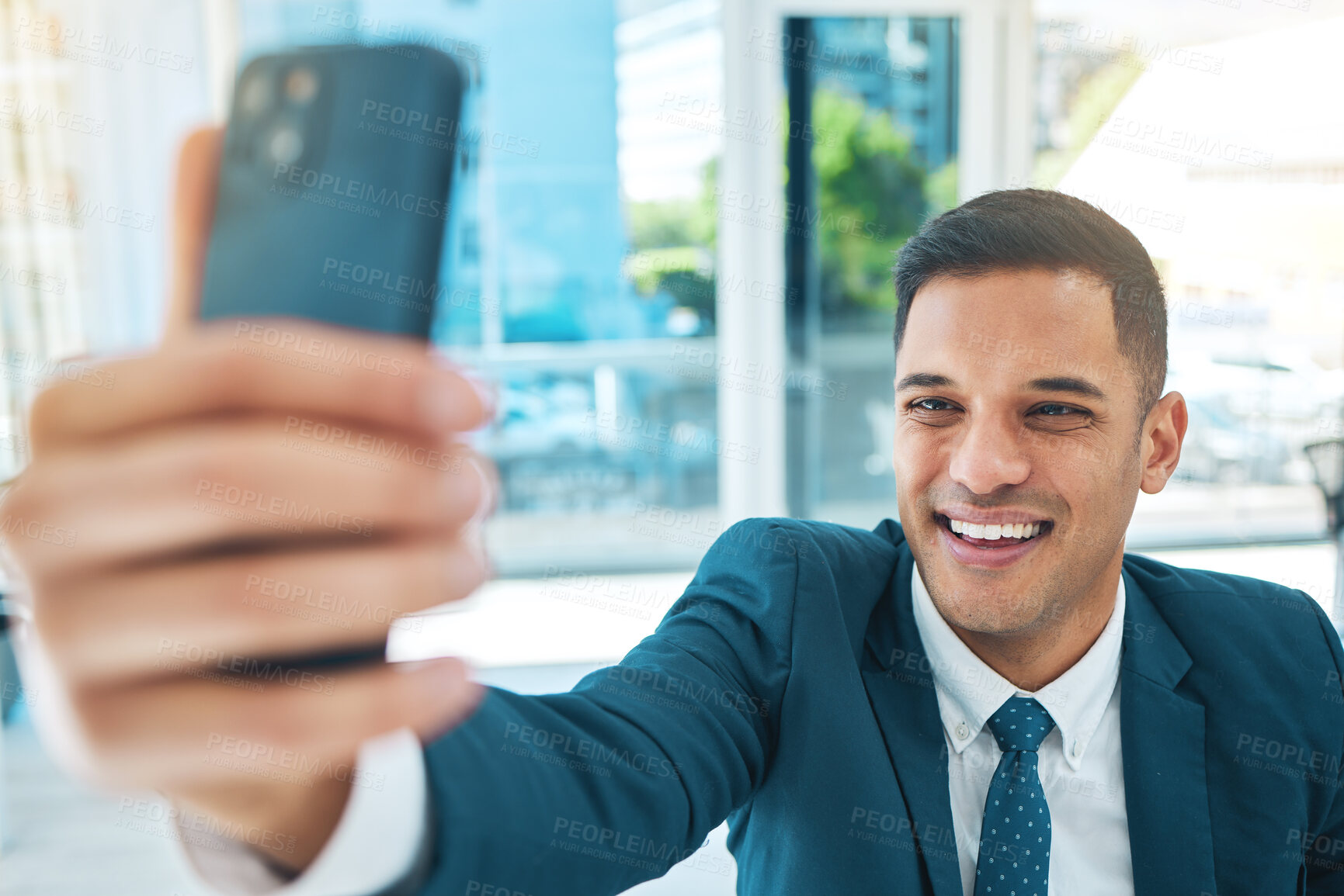 Buy stock photo Happy man, selfie in office and smile on face, confident lawyer with profile picture for social media. Photography, legal career and businessman at law firm, corporate attorney with pride in business