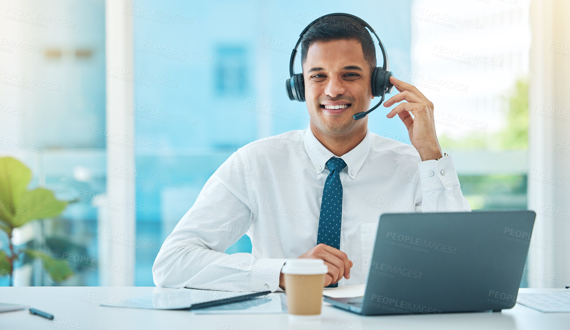 Buy stock photo Laptop, call center and portrait of man telemarketing, support and help desk in office. Face, customer service and happy sales agent in communication, consultant or professional to contact us for crm