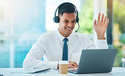 Buy stock photo Call center, laptop and man wave in video in customer service, support or help desk office. Happy, hello and sales agent in webinar communication, consulting and telemarketing in online conference