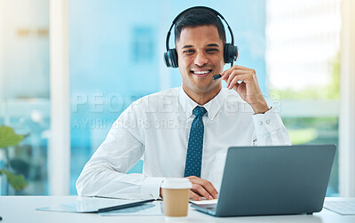 Buy stock photo Call center, laptop and portrait of man in customer service, support or help desk office. Face, telemarketing and happy sales agent in communication, consultant and professional to contact us for crm