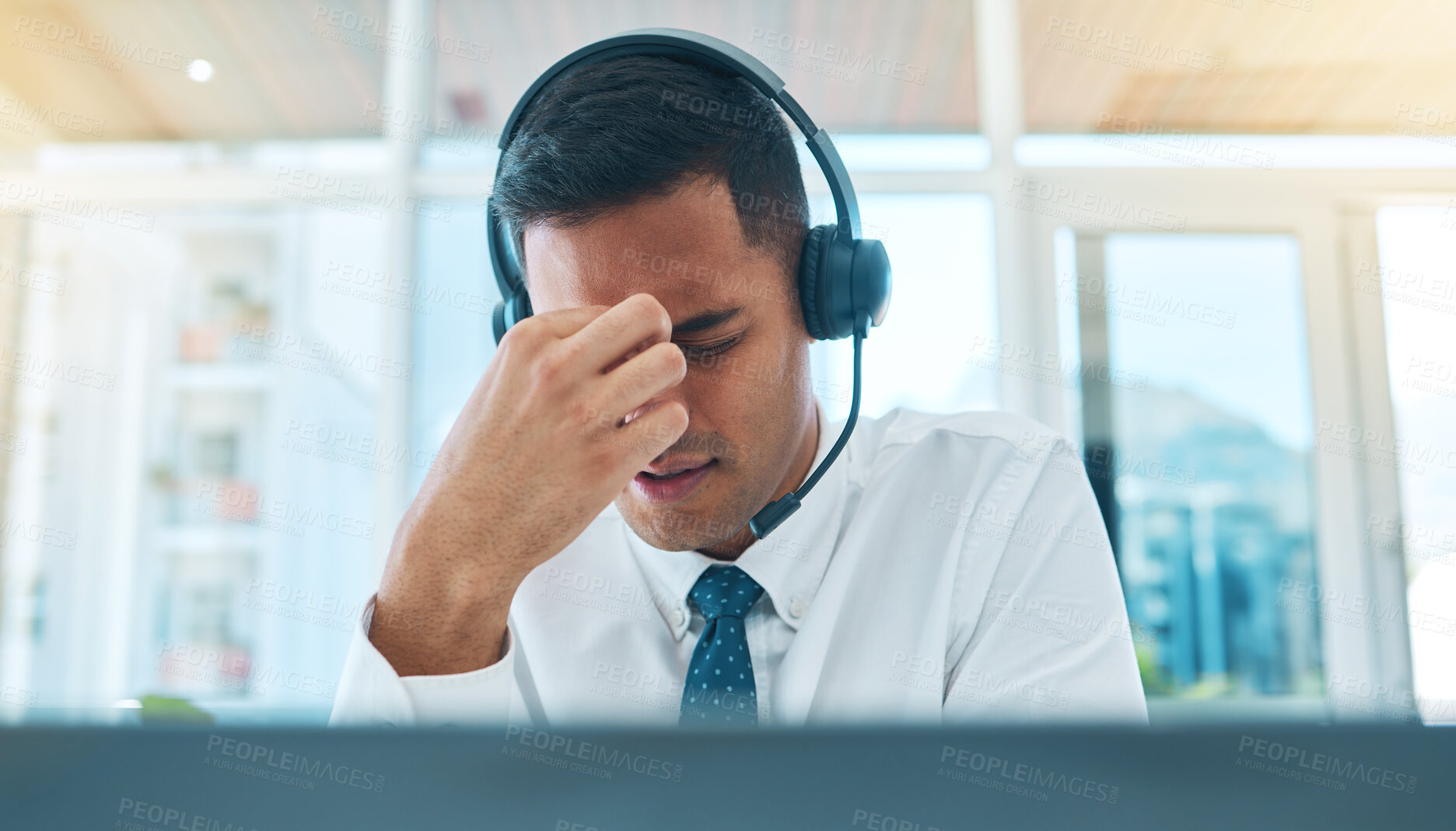 Buy stock photo Business man, call center and headache, stress or pain for communication fail, financial mistake or job fatigue. Tired agent, consultant or sales person with anxiety or depression on office computer