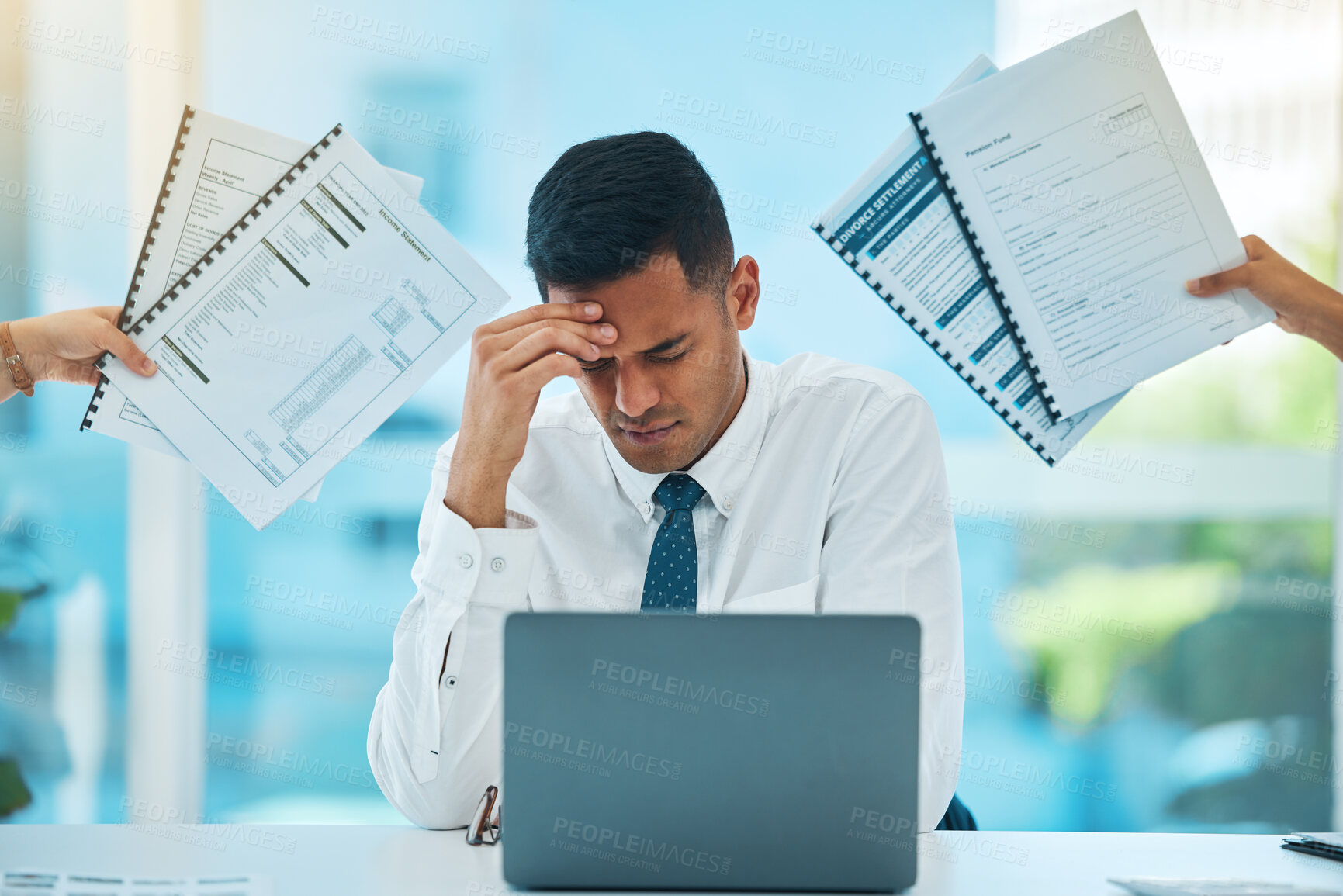 Buy stock photo Stress, laptop and documents in hands with a businessman in his office overwhelmed by a deadline. Burnout, multitask or overworked and corporate employee with a headache in his professional workplace