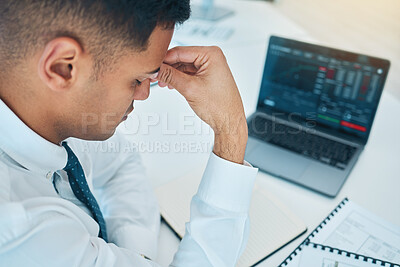 Buy stock photo Business man, headache and laptop of stock market crash, bankruptcy and financial mistake, error or wrong statistics. Sad, stress or fatigue trader on computer screen, data or trading with depression