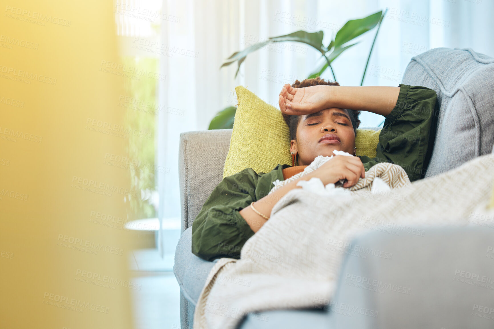 Buy stock photo Black woman, sick and tired, sleep on couch and recovery from illness and health, virus and burnout. Relax on sofa in living room, healthcare and wellness with influenza, disease and fatigue at home