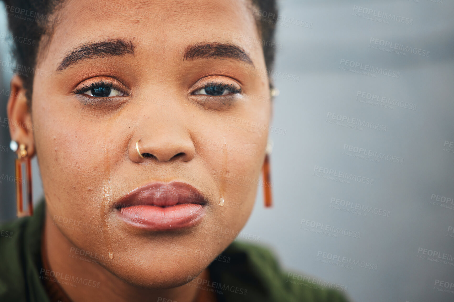 Buy stock photo Crying, sad and portrait of business woman in office with tears for burnout, job loss and retrenchment. Depression, stress and face of unhappy, upset and African worker for crisis, fail and mistake