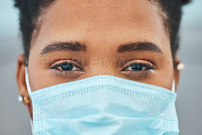 Buy stock photo Portrait, covid and woman with mask, health and pandemic regulations with compliance. Face cover, person and girl with protection, closeup and corona safety policy with healthcare, rules and virus