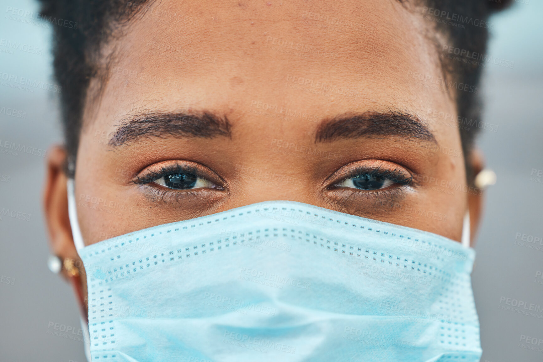 Buy stock photo Portrait, covid and woman with mask, health and pandemic regulations with compliance. Face cover, person and girl with protection, closeup and corona safety policy with healthcare, rules and virus