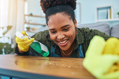 Buy stock photo Smile, woman and cleaning table with gloves, spray bottle and soap detergent, housekeeping in home or hotel. Housework, smudge and housekeeper or cleaner service washing dirt off counter in apartment