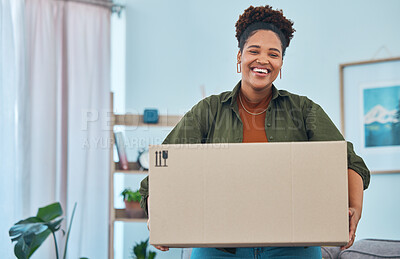 Buy stock photo African woman, box and new house with moving, portrait and smile for fresh start, logistics and excited face. Girl, cardboard package and happy in living room, home and investing in real estate