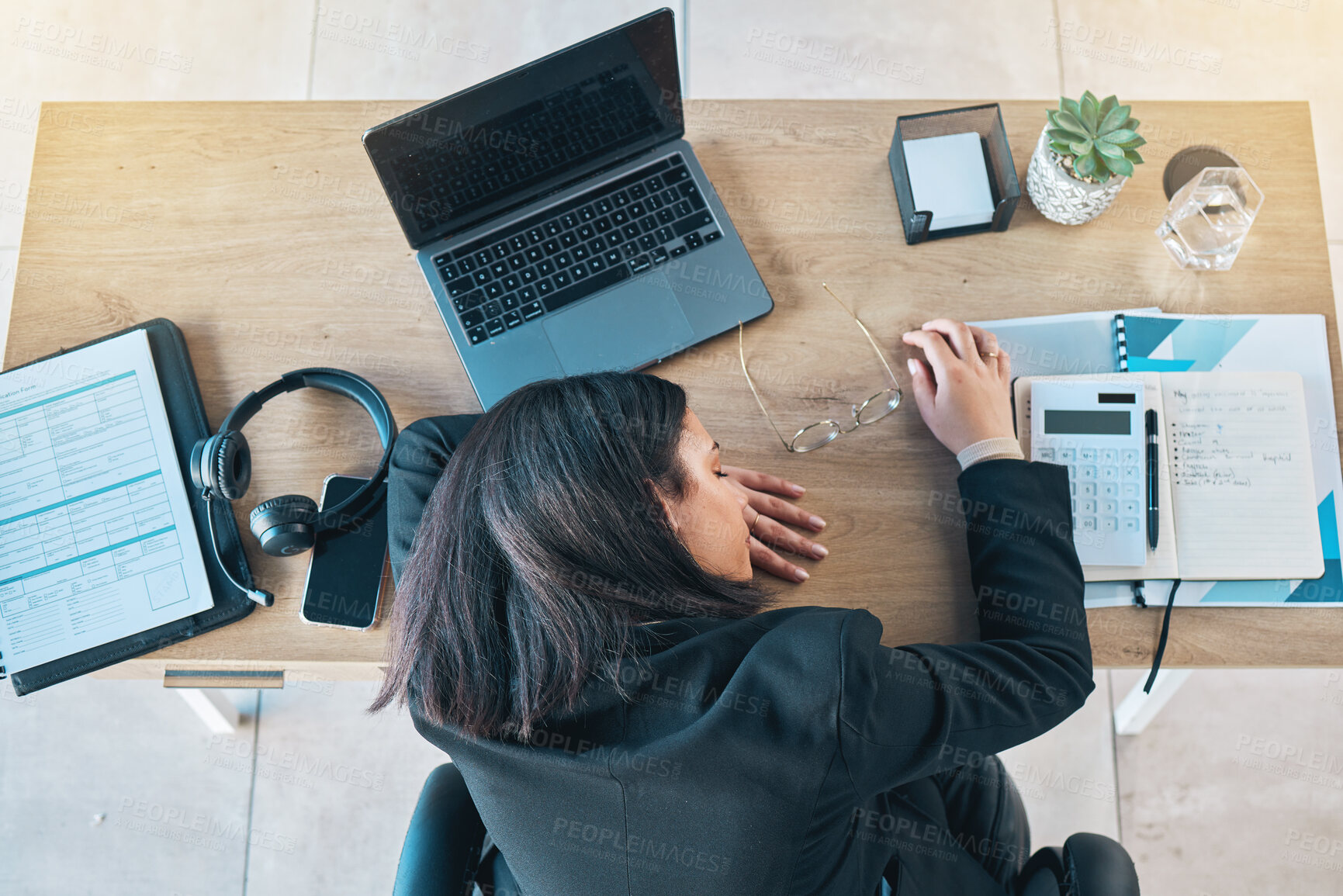 Buy stock photo Desk, sleeping and woman above in a finance office with rest and nap from work burnout. Accountant, deadline and tired female professional with administration project for tax paperwork at a company