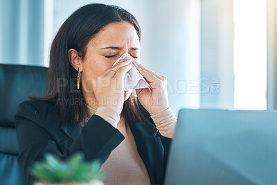 Buy stock photo Tissue, sneeze and blowing nose with a business woman in her office for sick leave from a corporate company. Health, allergy or cold and flu virus with a young employee in her professional workplace