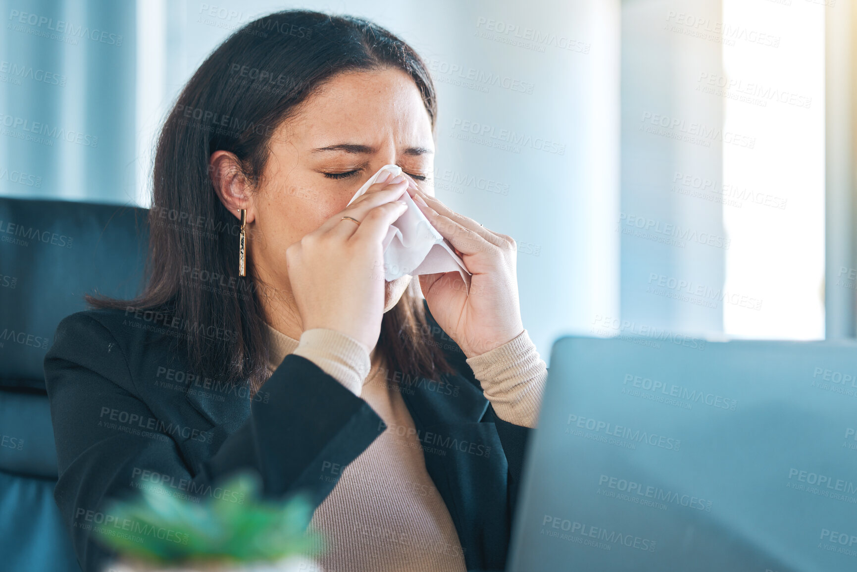 Buy stock photo Tissue, sneeze and blowing nose with a business woman in her office for sick leave from a corporate company. Health, allergy or cold and flu virus with a young employee in her professional workplace