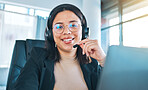 Portrait, customer service and woman in remote work in home telemarketing, help desk and contact us for support. Face, call center and happy sales agent, consultant smile and professional in glasses