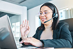 Customer service, laptop and woman wave in video call, help desk support and remote work at home. Happy, hello and sales agent in webinar, callcenter consulting or telemarketing in online conference