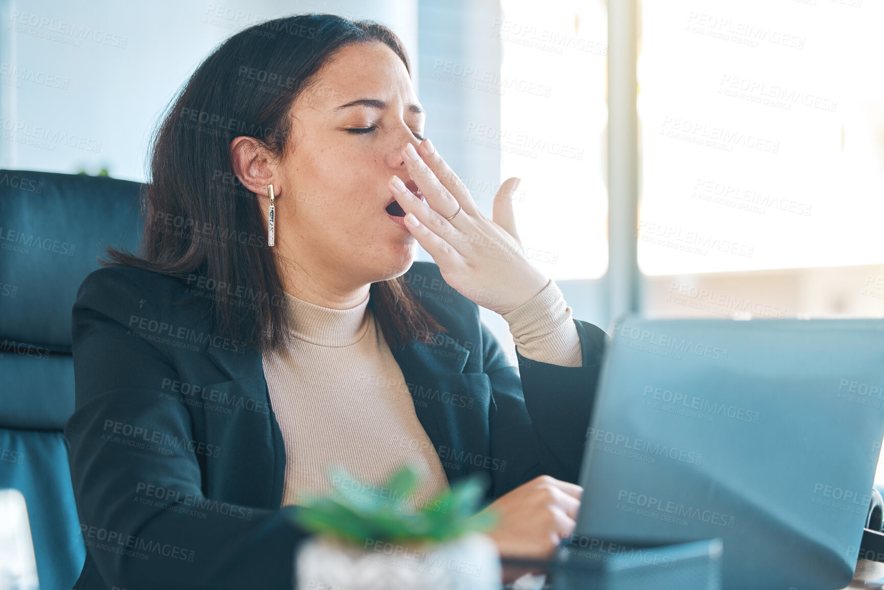 Buy stock photo Business woman, laptop and tired with yawn while working, burnout and deadline, lawyer with case research and overtime. Fatigue, overworked and wellness, insomnia and attorney with brain fog 