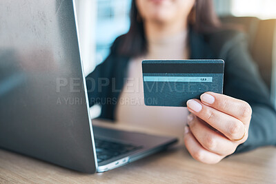 Buy stock photo Business woman, hands and credit card on laptop for e commerce, online shopping and fintech payment in office. Professional worker on computer for website, banking security and investment or loan