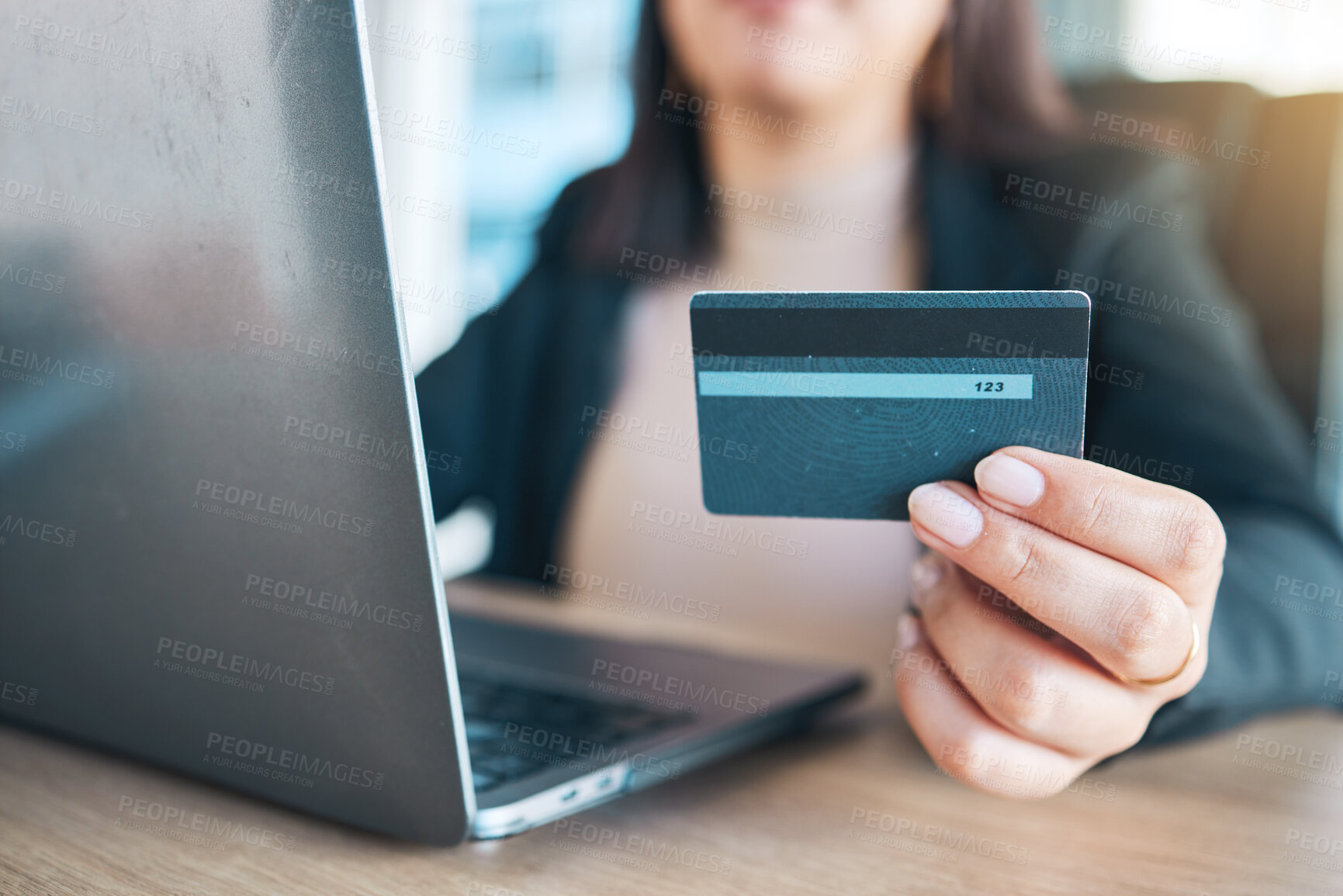 Buy stock photo Business woman, hands and credit card on laptop for e commerce, online shopping and fintech payment in office. Professional worker on computer for website, banking security and investment or loan