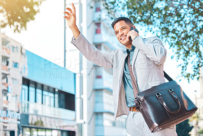 Buy stock photo Phone call, taxi and business man in city wave for cab service, journey and transportation in street. Travel, communication and person in town talking on smartphone for morning commute to meeting