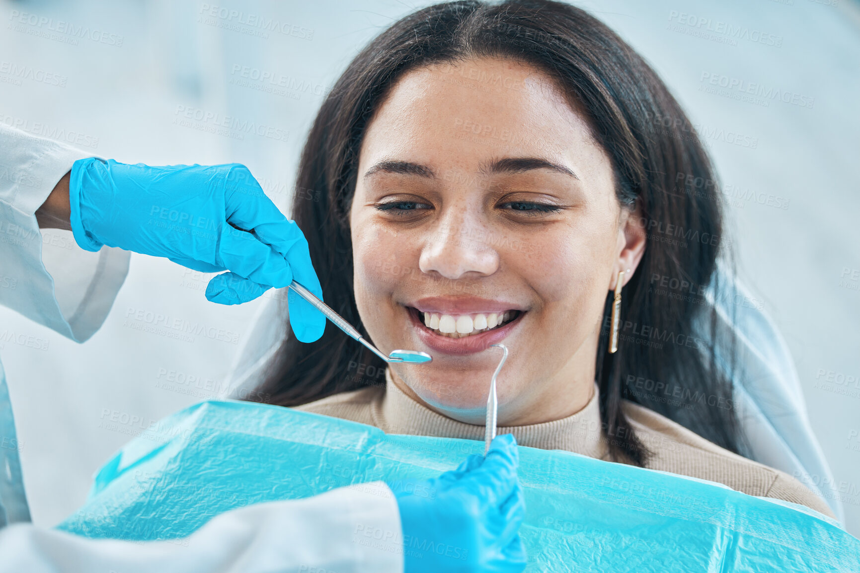 Buy stock photo Dentist, hands and patient, woman and teeth whitening, metal tools for dental procedure and healthcare. Smile, tooth decay and veneers treatment, excavator and wellness with oral health at clinic