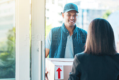 Buy stock photo Delivery man with package, woman at door for online shopping supplier and transport service. Logistics, distribution and ecommerce, happy courier with cardboard box and customer for exchange in home.