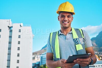 Buy stock photo Project manager, tablet and portrait of happy man, architect or construction site engineer with digital blueprint design. Civil engineering, city inspector and smile for online infrastructure plan