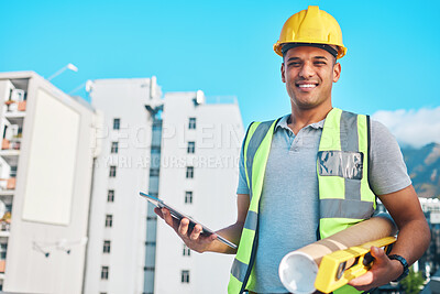 Buy stock photo Architect equipment, tablet and portrait of happy man, contractor or constructor with construction site floor plan. Civil engineering, city job and engineer smile for architecture project management