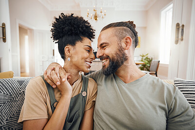 Buy stock photo Happy, love or interracial couple on a sofa, care or commitment with relationship, weekend break or loving together. Home, man or woman on a couch, marriage or romantic with bonding, date or relax