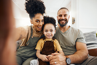 Buy stock photo Family, selfie or happy on sofa and relax at home on social media, streaming or memory portrait. Smile, photography or love, care and trust for man, woman and interracial kid in lounge for bonding