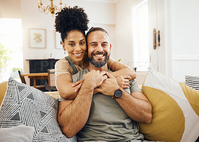 Buy stock photo Hug, portrait and couple with love, smile and marriage with care, commitment or relax in a living room. People, man or woman embrace, bonding or romance with relationship, home or loving together