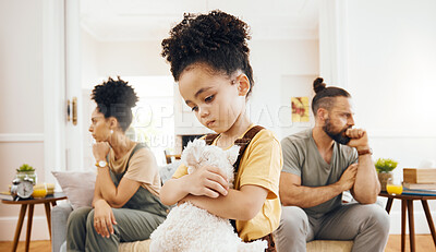 Buy stock photo Divorce, custody and sad boy child with teddy bear in living room for stress, support and comfort at home. Family, crisis and kid with anxiety for toxic parents, argue or dispute, depression or fear