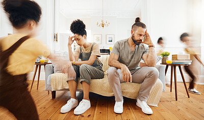 Buy stock photo Family, kid and tired parents on sofa with headache, stress or divorce fight for running child with energy. Chaos, burnout and children in living room with mother, father or frustrated anxiety crisis