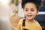 Happy, face and young child with smile, relax and fun on weekend in living room of family home in Brazil. Lens flare, sweet kid and person in lounge of apartment with happiness and joy in the morning