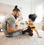 Happy family, father and child with hand game on floor of living room for learning, love and development. Smile, person and kid on ground in lounge of apartment for relax, happiness and care 