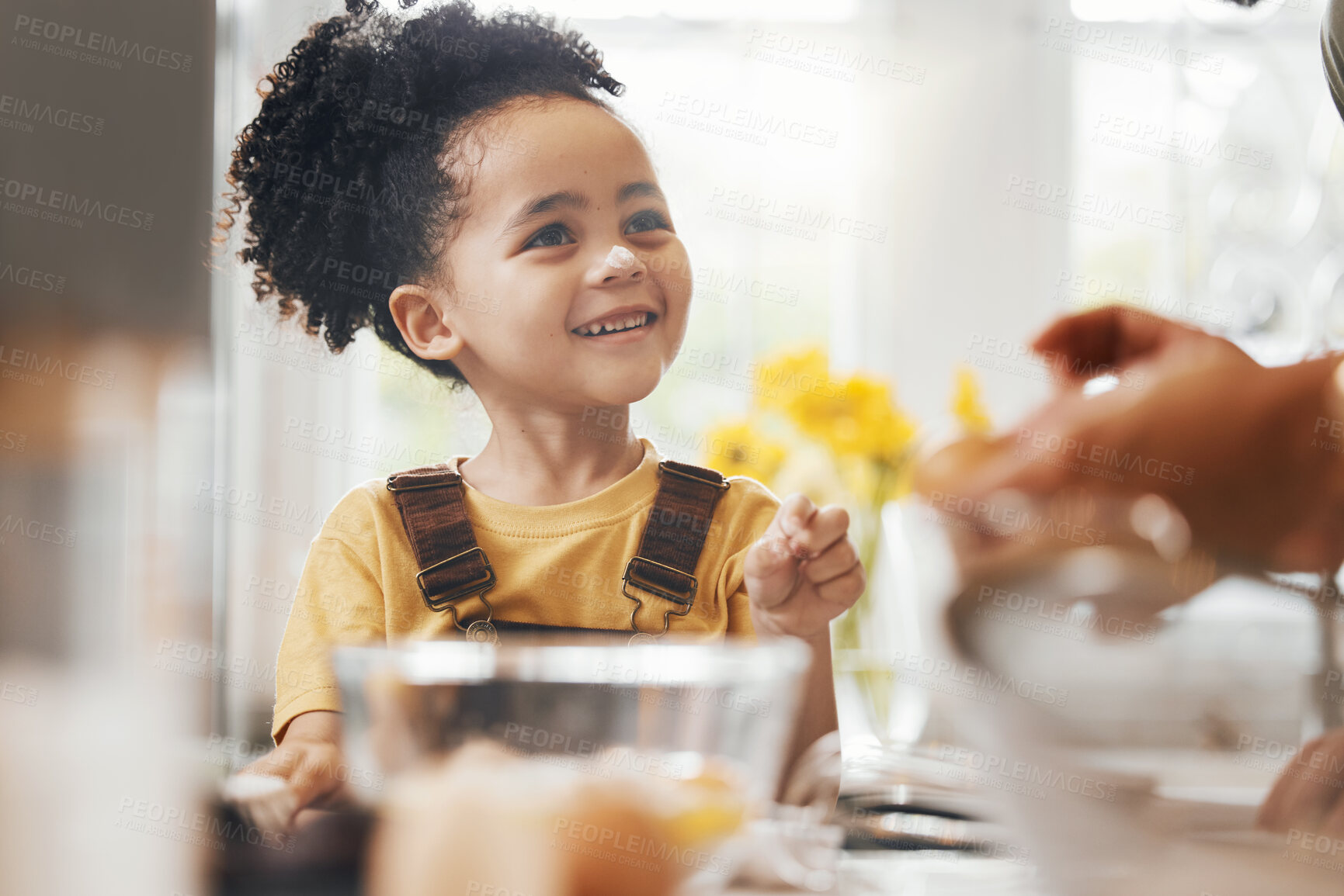 Buy stock photo Happy child in kitchen, baking and learning with parent and cake flour on face, little baker making breakfast or cookies. Food, cooking and excited boy chef in home with mixing bowl, tools and smile.