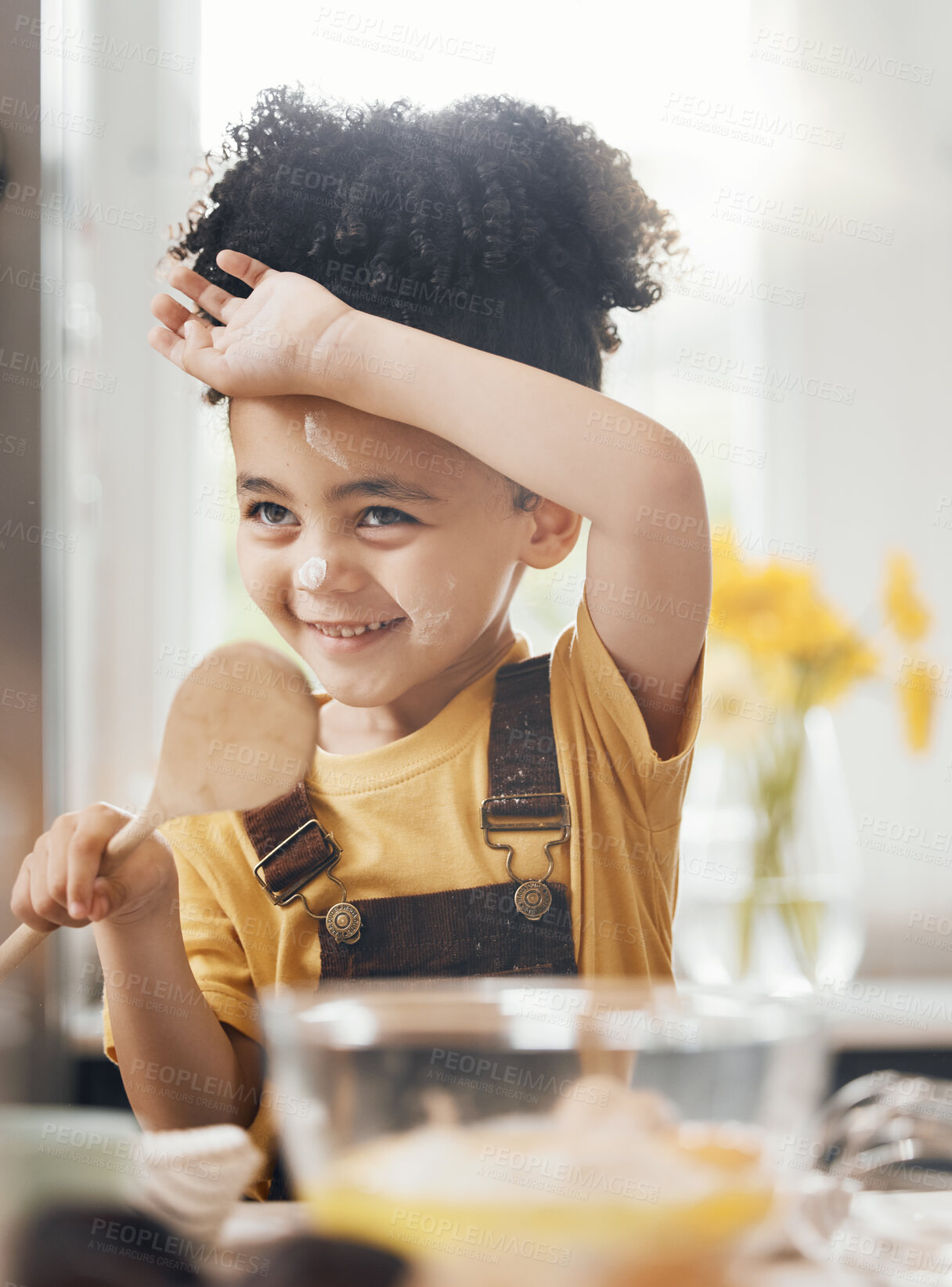 Buy stock photo Child in kitchen, baking with wooden spoon and cake flour on face, little baker making breakfast or cookies. Learning, cooking and happy boy chef in home with mixing bowl, tools and smile in morning.