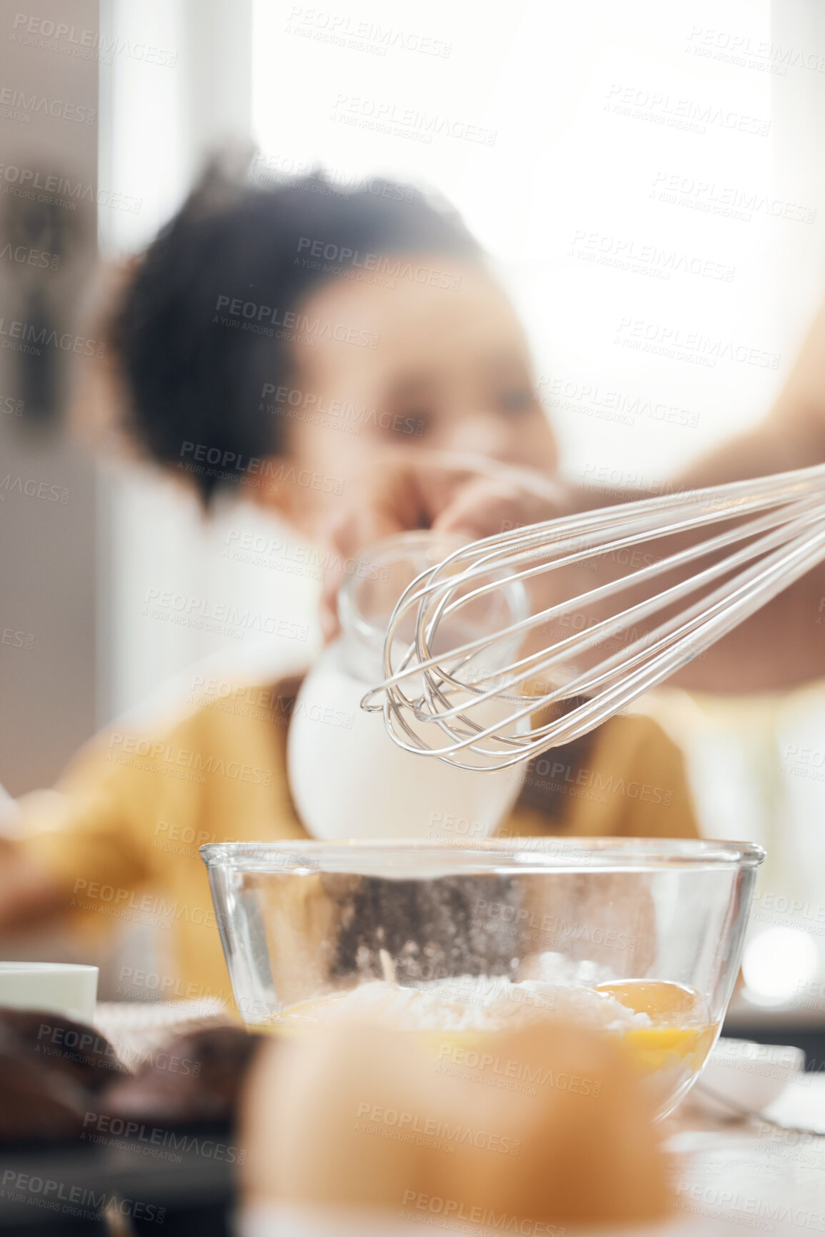 Buy stock photo Whisk, egg and kitchen in closeup, kid and learning with muffins, cooking and helping hand from parents. Bowl, flour and child with development, teaching and baking with milk, cupcakes or family home